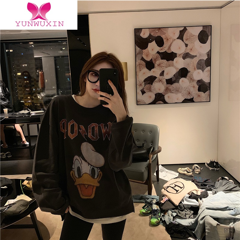 YUNWUXIN假两件加绒加厚遮屁股唐老鸭小个子无帽卡通宽松上衣卫衣