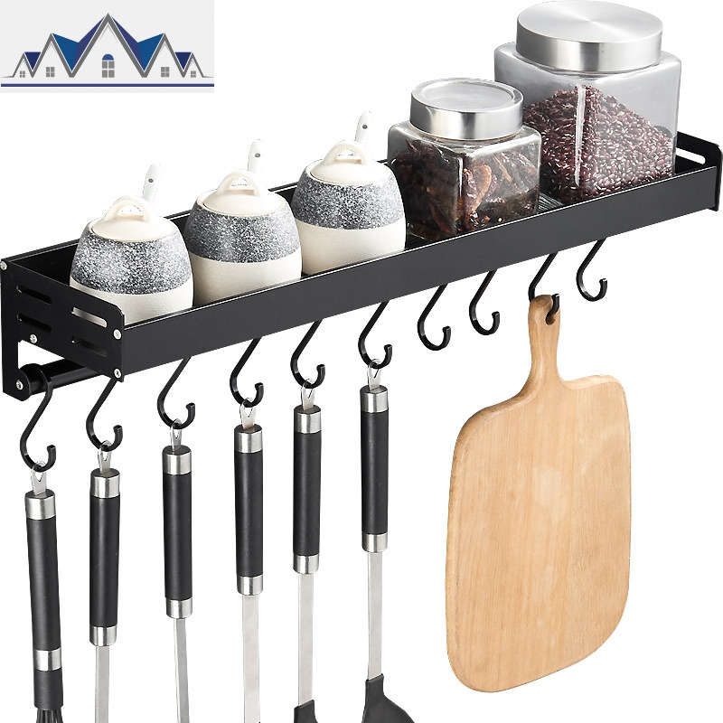 北欧黑色厨房置物架勾子太空铝调味品收纳架子挂钩挂杆壁挂免打孔_1_755高清大图