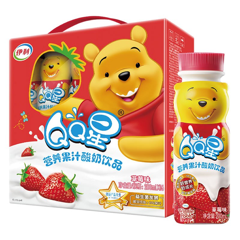 5月 伊利QQ星营养果汁酸奶饮品草莓味200ml*16瓶整箱