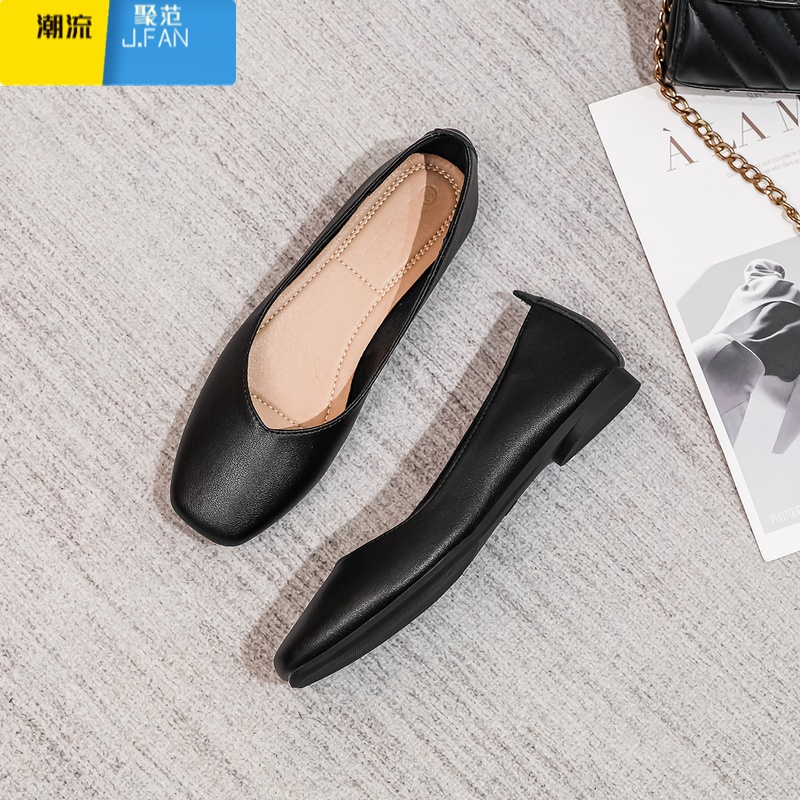 聚范工作鞋女黑色方头平底工装职业上班皮鞋面试空姐舒适软底单鞋 黑色平底 37