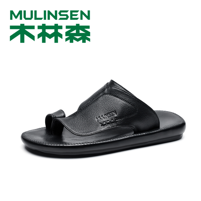 木林森牛皮凉鞋男2020夏季个性拖鞋男士休闲百搭沙滩鞋夹脚人字拖黑色