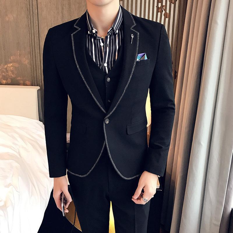 西服套装男士三件套商务正装职业西装修身伴郎新郎结婚礼服黑色春