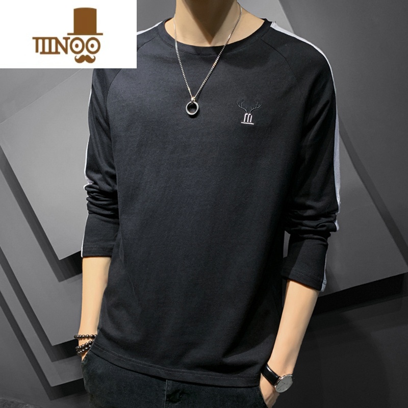 YANXUt恤男长袖潮牌春装打底衫男生简单款秋衣刺绣圆领体恤T高清大图