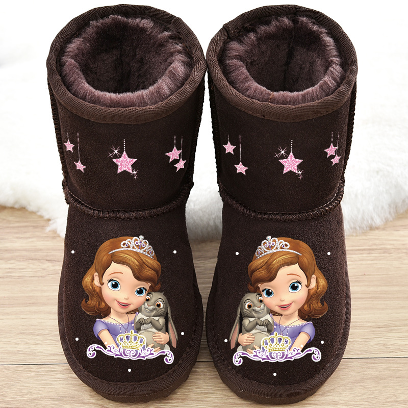 儿童雪地靴2018冬新款女童中筒靴卡通公主靴宝宝靴子女孩保暖棉靴 巧克力色 34码内长22适合脚长21CM