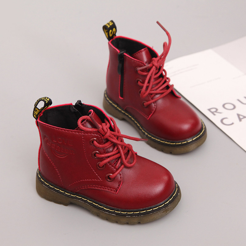 冬季儿童马丁靴女童靴子宝宝雪地靴皮靴男童短靴棉鞋棉靴防水酒红色薄