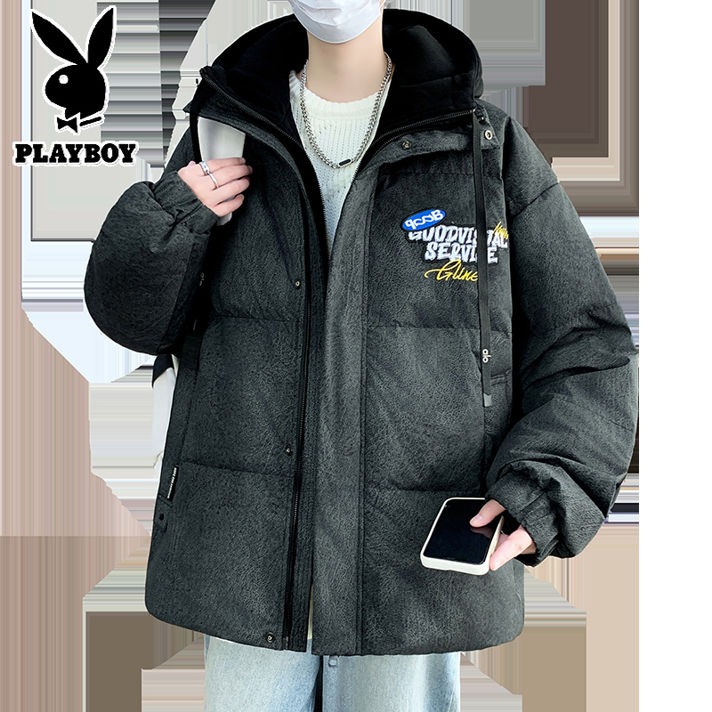 花花公子新款高品质带质检假两件羽绒服男针织帽白鸭绒潮流青少年冬季外套男高清大图