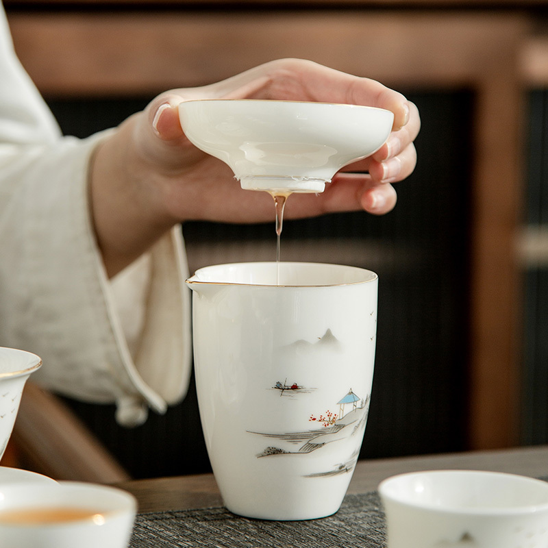 金镶玉 功夫茶具套装 中国白·羊脂玉瓷家用陶瓷山水白瓷三才盖碗公道杯茶杯送礼礼盒装 山水白瓷描金茶具