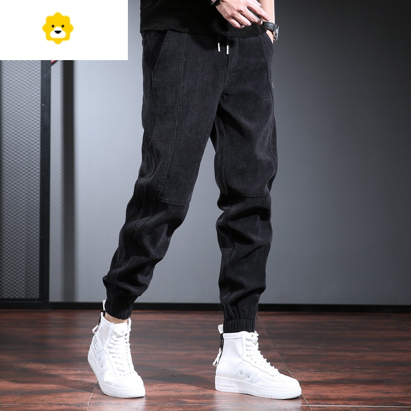 fishbasket春季男士休闲裤青年潮流锥形裤宽松大码黑色灯芯绒裤子男