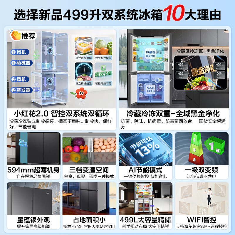 海尔冰箱499升双系统双循环26年新品小红花十字门四开门594mm超薄可嵌入式风冷无霜家用冰箱 双系统双循环+全域全净高清大图