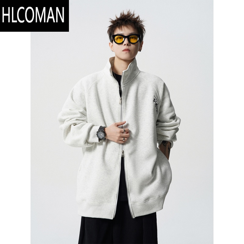 HLCOMAN美式灰色开衫卫衣男款冬季国潮刺绣加绒情侣外套复古休闲立领夹克 白灰色 M