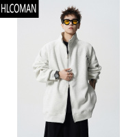 HLCOMAN美式灰色开衫卫衣男款冬季国潮刺绣加绒情侣外套复古休闲立领夹克