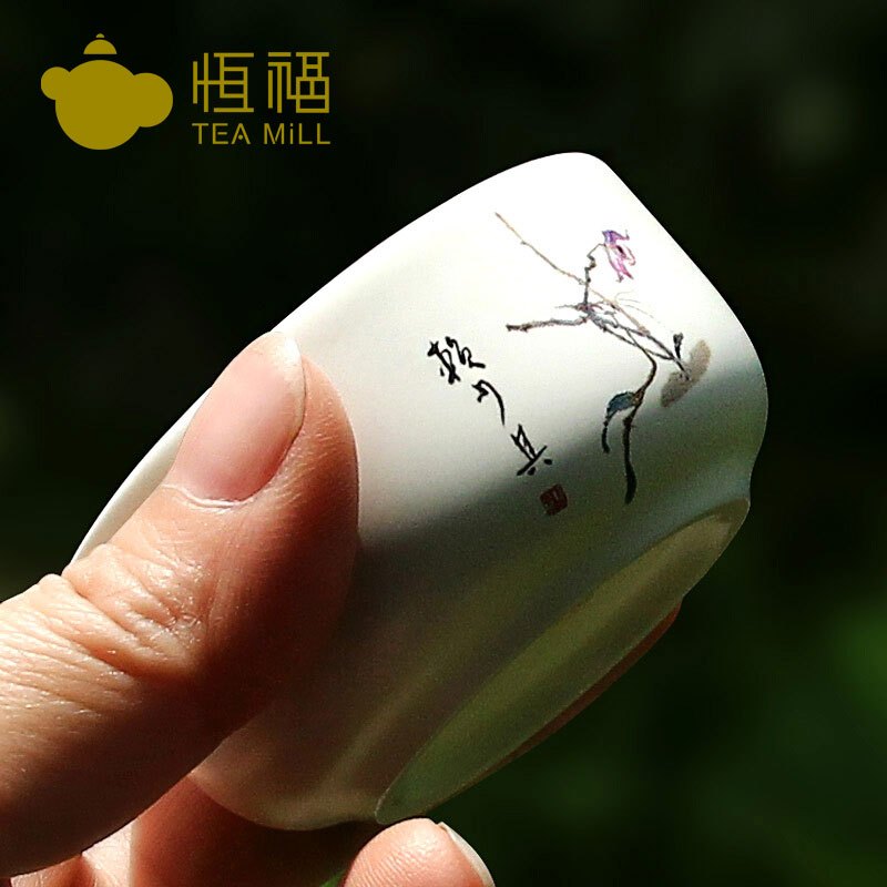 恒福（TEA MiLL）茶具 定窑陶瓷白瓷石斛花宽口小品杯 赖少其大师画作石斛花 定窑珠光 白3个装 否