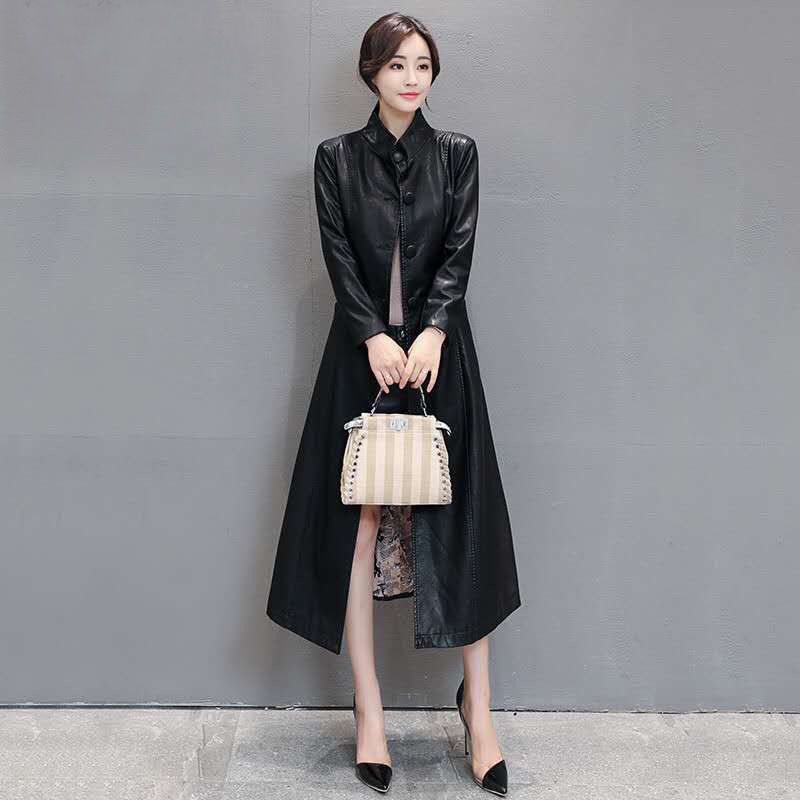 2021春秋款海宁时尚休闲韩版修身长款过膝女装皮衣外套