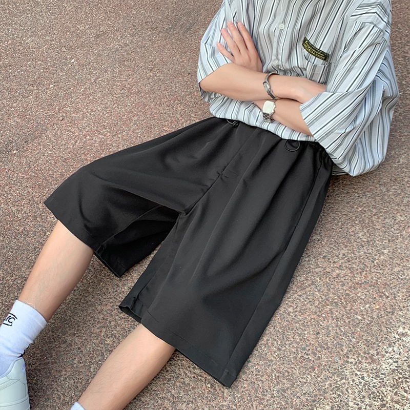夏季薄款西装短裤男休闲直筒宽松学生港风日系哈伦冰丝五分小西裤 黑色 松紧腰 S