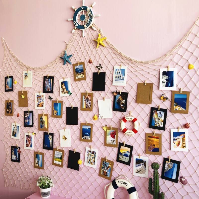 地中海渔网照片墙ins北欧风房间装饰网格相片墙悬挂麻绳墙面壁饰