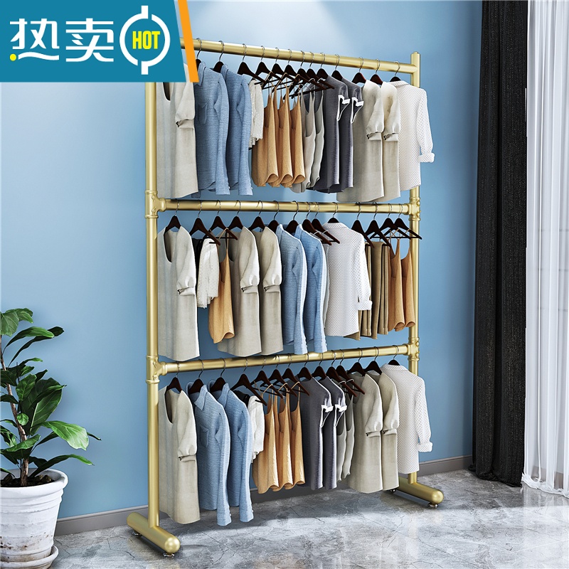 敬平北欧简约双层服装店置地衣服架加粗双杆折叠挂衣杆落地升降晾衣架 双层 黑色 长80高160晾衣杆高清大图