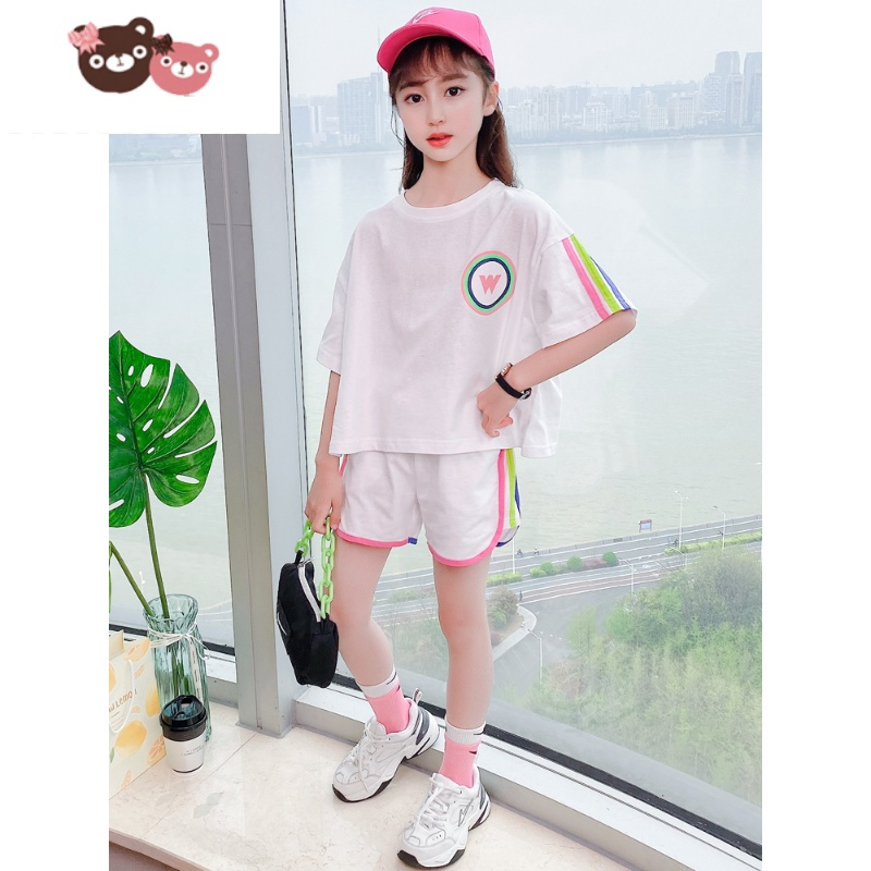 绿彩虹光女童夏装运动套装时髦洋气新款大童儿童女孩衣服运动装短裤