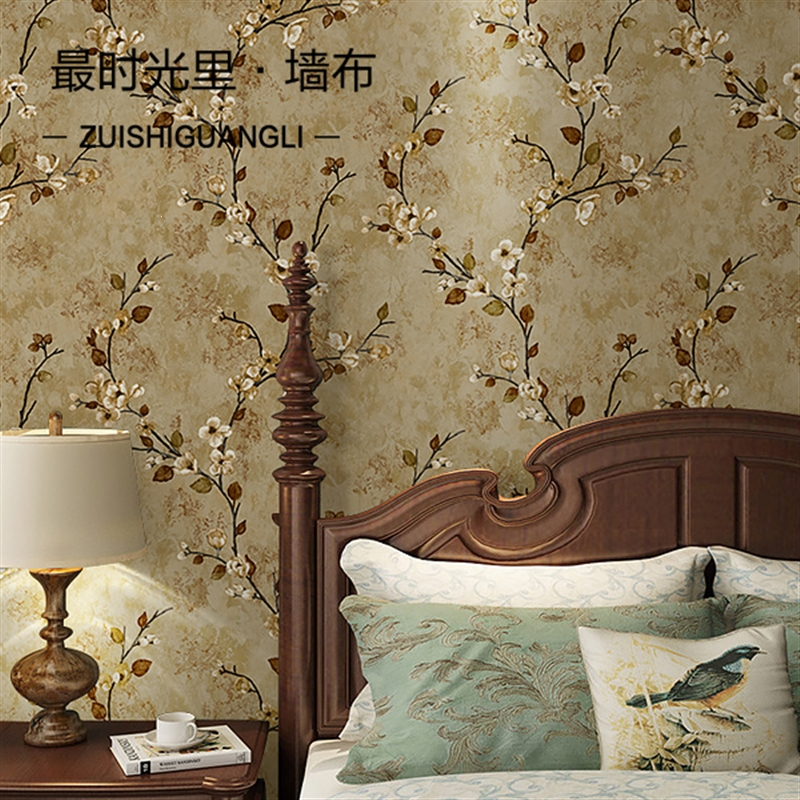 美式乡村无缝墙布田园大花复古素色ab款卧室客厅电视背景墙壁布