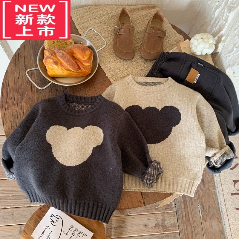 可莉允儿童毛衣2022秋冬季新款男童熊头套头针织衫宝宝韩版舒适圆领上衣图片