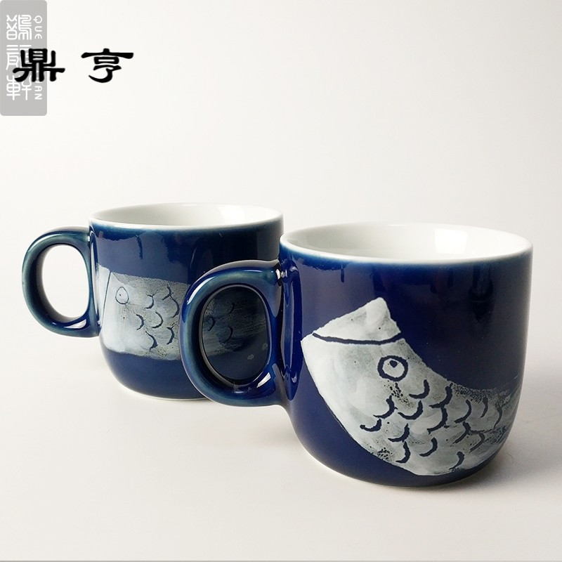 鼎亨蓝色咖啡杯手绘游鱼时尚小容量马克杯景德镇陶瓷日式小茶杯带