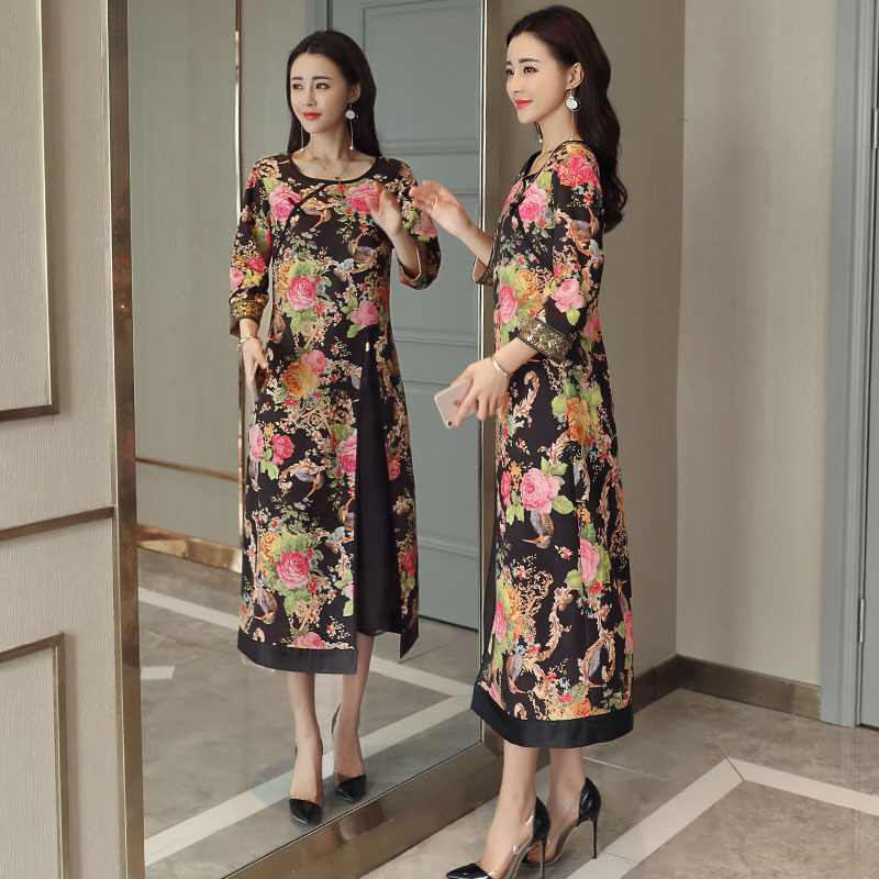 女士夏款显瘦高腰印花圆领连衣裙女韩版高开叉民族风过膝裙长裙