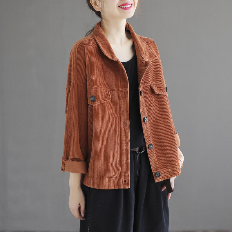 芊芷洛灯芯绒短外套女2021春秋纯色翻领新款宽松小个子休闲条绒上衣