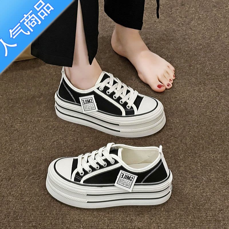 SUNTEK厚底帆布鞋女2023新款夏季松糕鞋百搭增高女鞋运动休闲板鞋小白鞋图片