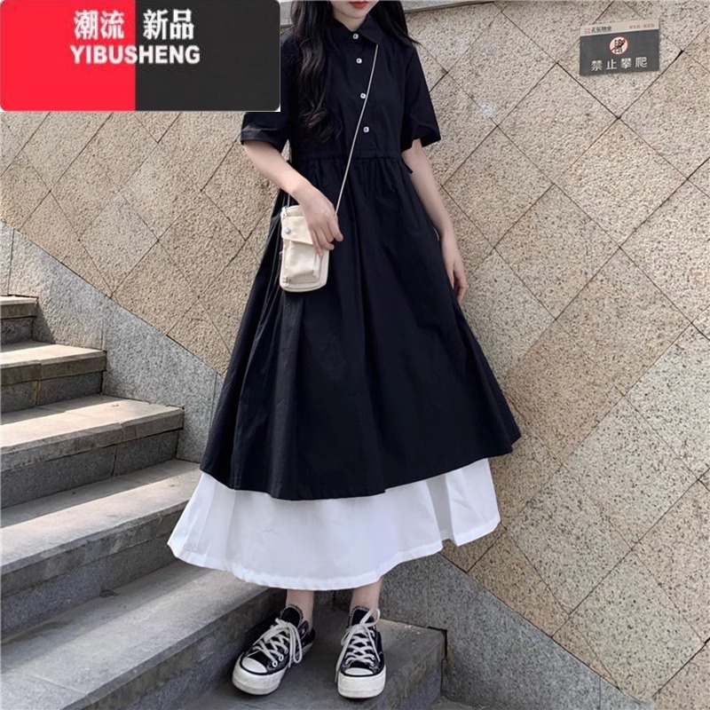 YIBUSHENG法式连衣裙大码胖mm300斤赫本风衬衫领收腰遮肚显瘦暗黑系裙腰 XL110-140斤 黑色