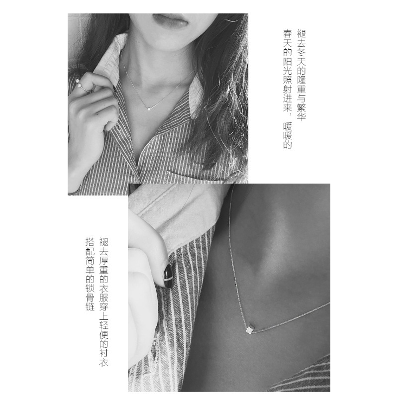 铜镀银单颗小方块项链锁骨链女简约短款百搭日韩国学生坠HCKLL5501送女朋友七夕情人节礼物