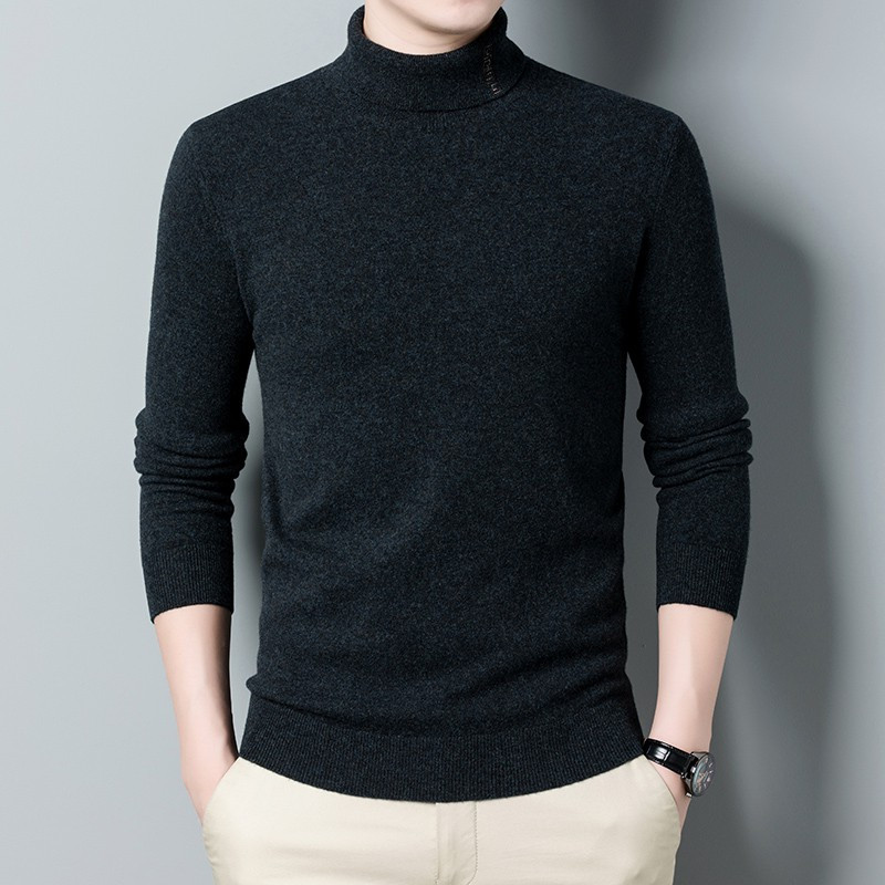 恒源祥纯色100纯羊毛衫男厚高领男士毛衣韩版修身时尚青年男装打底衫