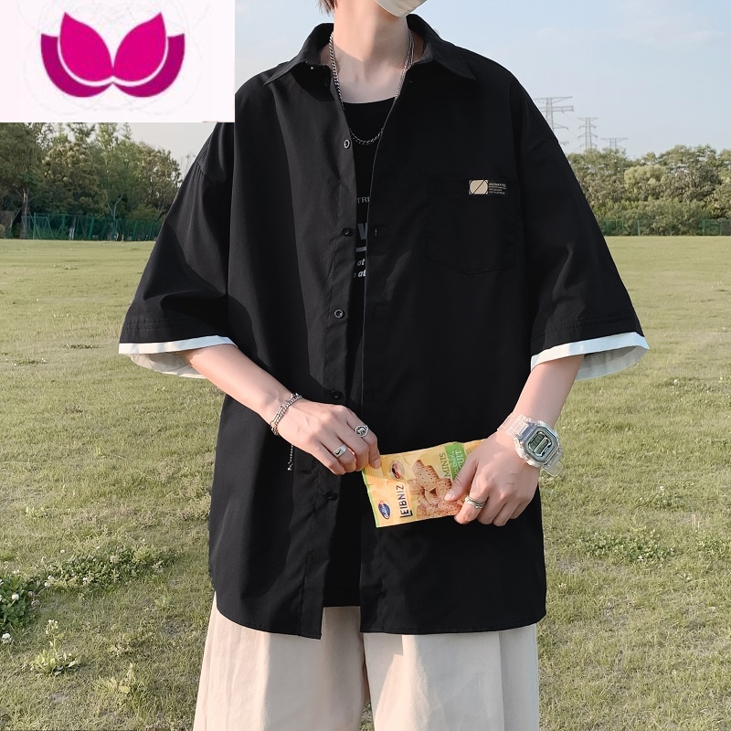 七斓冰丝短袖衬衫男宽松假上衣ins港风夏季薄款衬衣外套潮流痞帅