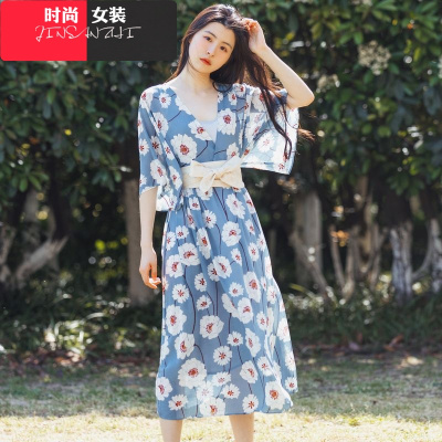 时尚女装2018新款文艺复古日式印花雪纺连衣裙中长款日系和风sukol仙女裙