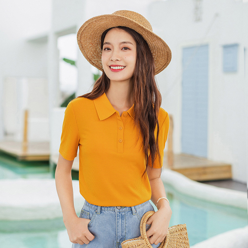 茵曼2020夏装新款简olo领开扣橙色显白百搭针织气质短袖t恤1802293