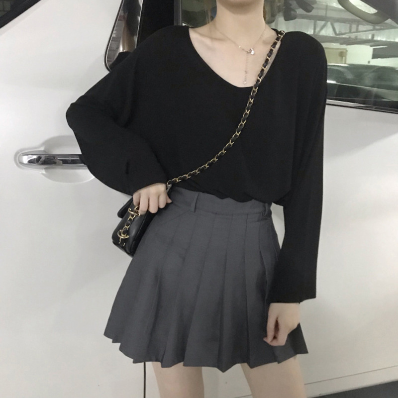 纯色V领长袖T恤女秋季新款女装秋衣外穿宽松学生初秋上衣ins