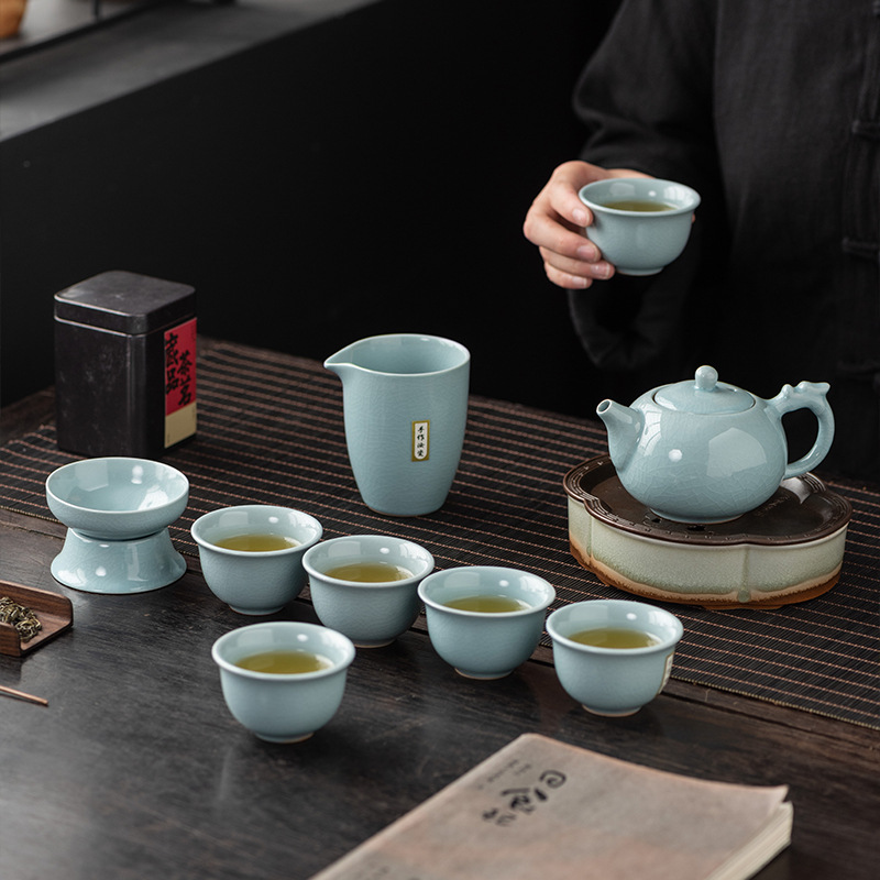 高档10头汝窑功夫茶具套装整套精品陶瓷全套礼品伴手礼耐高温礼盒-汝窑/10件套-中国汝瓷高清大图