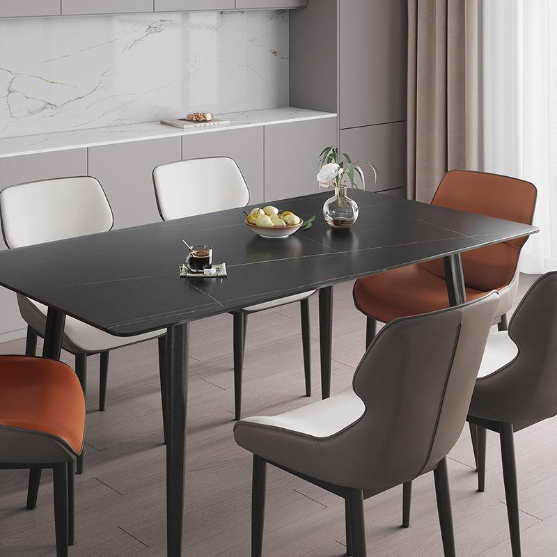 全友家居现代简约岩板餐桌轻奢餐桌椅双层台面金属框架餐桌软包餐椅餐厅家具高清大图