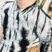 夏款修身男士短袖衬衣商务衬衫潮薄款印花型师男装七分袖衬衫