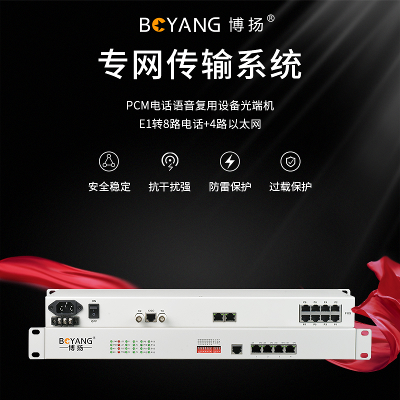 博扬(BOYANG)BY-8E1-4E PCM电话语音复用设备光端机 E1转8路电话+4路以太网 机架式 1对价