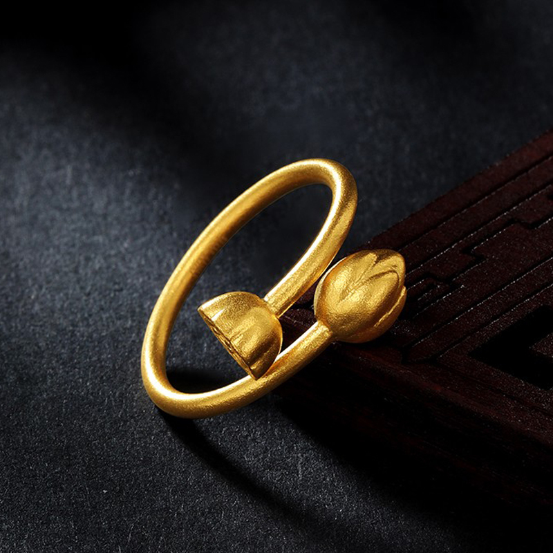 gzuan古钻珠宝古法两世欢女款黄金足金莲蓬女戒指活口可调节hjj0014