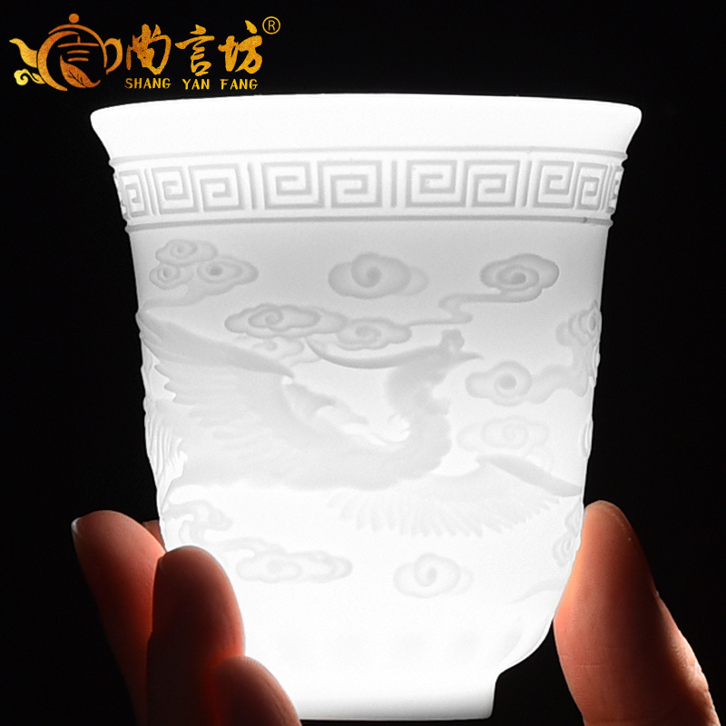 猪油白瓷功夫茶杯茶具单杯心经主人杯手工品茗杯茶盏陶瓷杯 三维工匠 22-素烧猪油白荷韵公杯