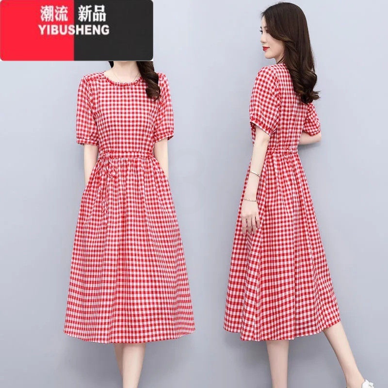 YIBUSHENG复古季新款格子连衣裙女大码短袖减龄文艺格子裙抽绳收腰中长裙高清大图