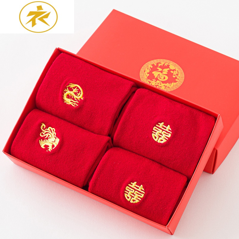 Ideamini本命年女人鼠年礼盒红色新年喜袜子棉踩小情侣结婚一对中筒袜袜子