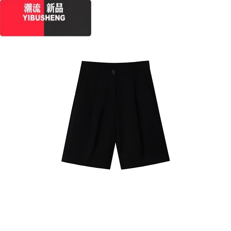 YIBUSHENG梨形身材黑色西装短裤女季胖妹妹mm高腰宽松显瘦阔腿五分休闲裤高清大图