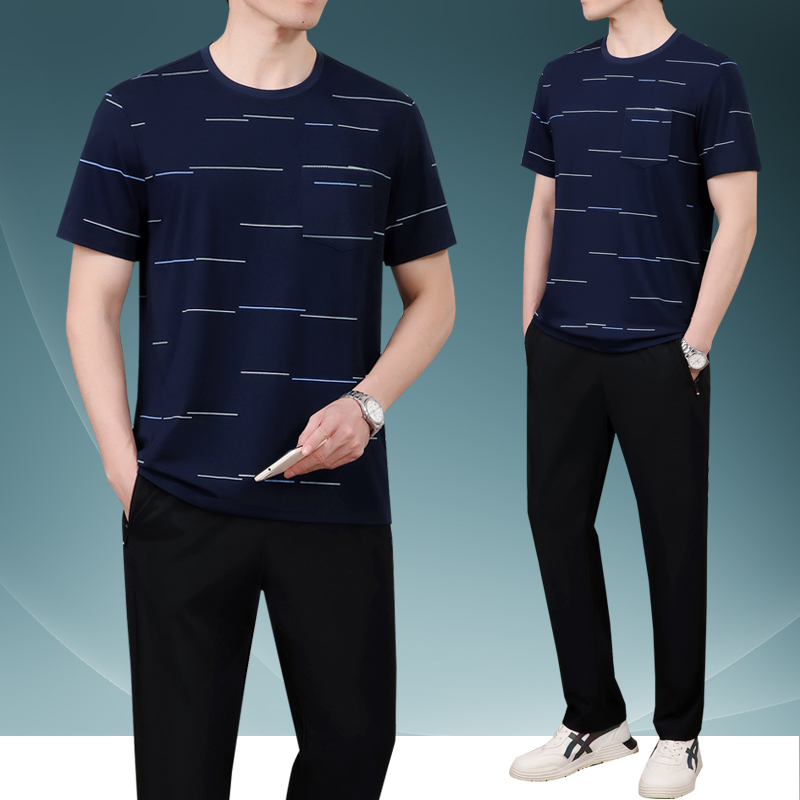 金蔚臻中年男士爸爸夏装冰丝短袖t恤圆领中老年休闲运动服男夏季两件