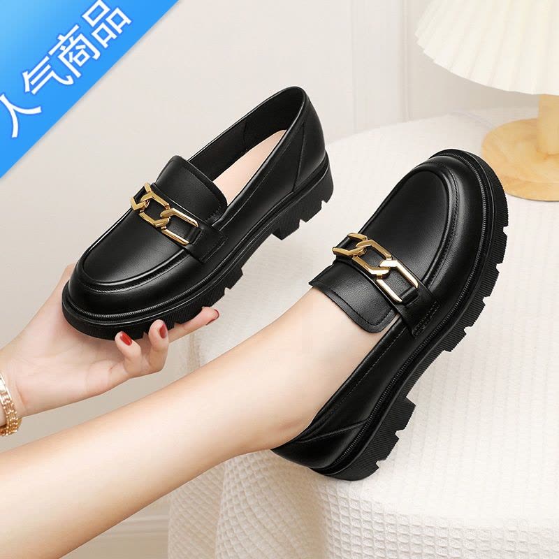 SUNTEK厚底乐福鞋女2023年新款春夏季单鞋平底一脚蹬软底中跟小皮鞋图片