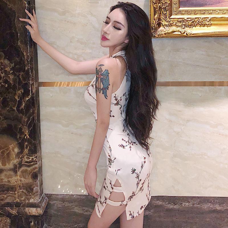 酒吧女装2018夏新款夜店性感开叉紧身包臀花色改良旗袍礼服连衣裙花色