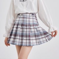 0春夏新款格子半身裙女学院风jk裙少女系刺绣百褶裙【送领结】 M 浅灰蓝