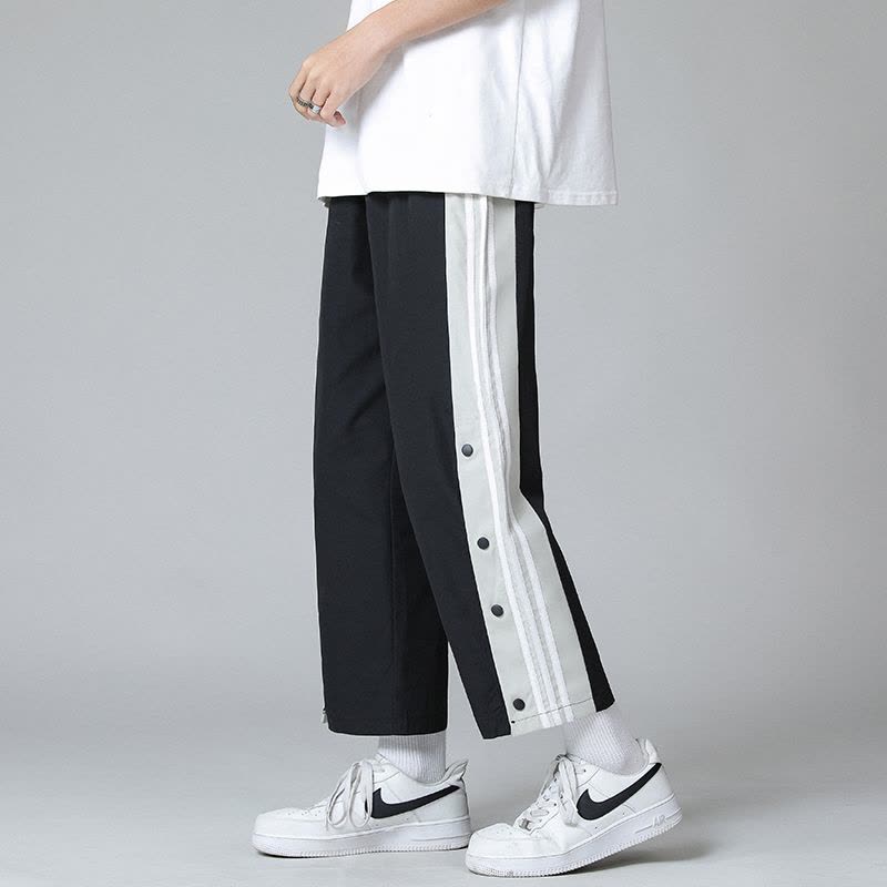 WOOG2005排扣裤男夏季薄款大码条纹学生潮牌宽松高街休闲运动裤子图片