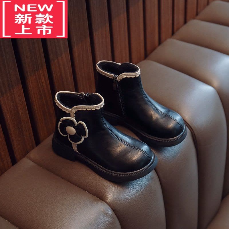 可莉允女童靴子2022年冬季儿童马丁靴黑色公主中大童短靴加绒宝宝雪地靴图片