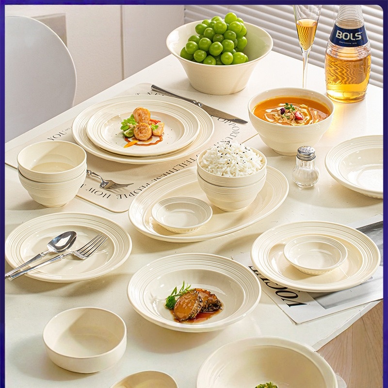 康夫贝陶瓷釉下彩餐具套装新款饭碗盘子碗家用碗碟套装乔迁新居礼品奶油螺纹-6人食31件套GB-7579高清大图